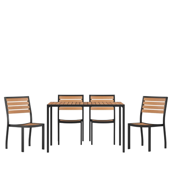 English Elm Lark 5-Piece Patio Table Set - Stylish Faux Teak with Stackable Chairs & Easy Umbrella Accessory XU-DG-304860364-GG