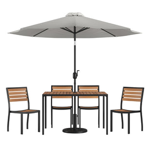 English Elm Lark 7-Piece All-Weather Patio Dining Set with Faux Teak Table, Stacking Chairs, and Umbrella Gray 30"W x 48"L XU-DG-304860364-UB19BGY-GG