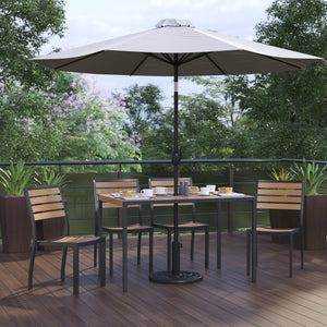 English Elm Lark 7-Piece All-Weather Patio Dining Set with Faux Teak Table, Stacking Chairs, and Umbrella Gray 30"W x 48"L XU-DG-304860364-UB19BGY-GG