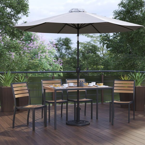 English Elm Lark 7-Piece All-Weather Patio Dining Set with Faux Teak Table, Stacking Chairs, and Umbrella Gray 30"W x 48"L XU-DG-304860364-UB19BGY-GG