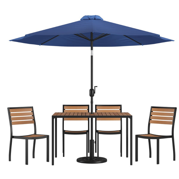 English Elm Lark 7-Piece All-Weather Patio Dining Set with Faux Teak Table, Stacking Chairs, and Umbrella Navy 30"W x 48"L XU-DG-304860364-UB19BNV-GG