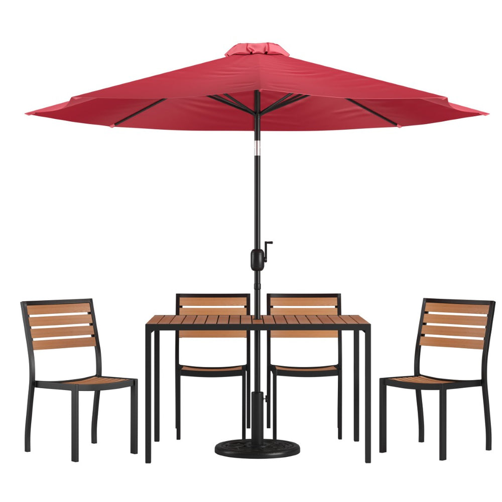 English Elm Lark 7-Piece All-Weather Patio Dining Set with Faux Teak Table, Stacking Chairs, and Umbrella Red 30"W x 48"L XU-DG-304860364-UB19BRD-GG