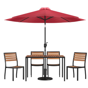 English Elm Lark 7-Piece All-Weather Patio Dining Set with Faux Teak Table, Stacking Chairs, and Umbrella Red 30"W x 48"L XU-DG-304860364-UB19BRD-GG