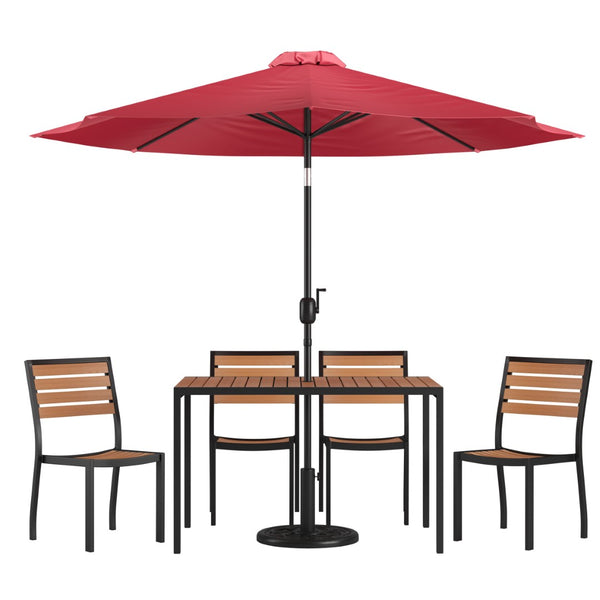 English Elm Lark 7-Piece All-Weather Patio Dining Set with Faux Teak Table, Stacking Chairs, and Umbrella Red 30"W x 48"L XU-DG-304860364-UB19BRD-GG