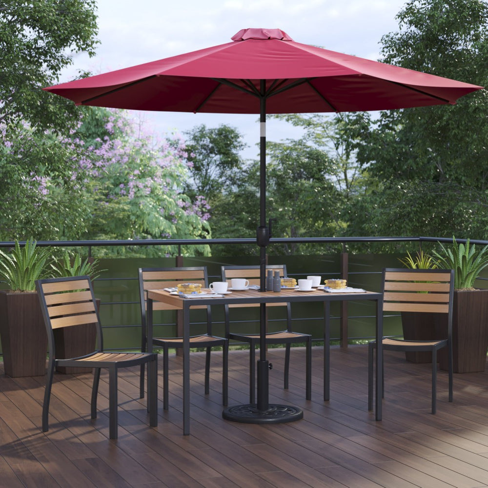 English Elm Lark 7-Piece All-Weather Patio Dining Set with Faux Teak Table, Stacking Chairs, and Umbrella Red 30"W x 48"L XU-DG-304860364-UB19BRD-GG