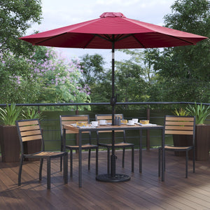 English Elm Lark 7-Piece All-Weather Patio Dining Set with Faux Teak Table, Stacking Chairs, and Umbrella Red 30"W x 48"L XU-DG-304860364-UB19BRD-GG