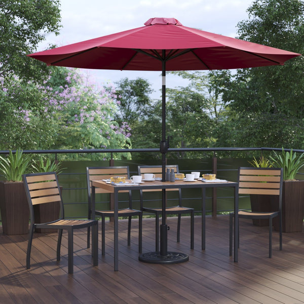 English Elm Lark 7-Piece All-Weather Patio Dining Set with Faux Teak Table, Stacking Chairs, and Umbrella Red 30"W x 48"L XU-DG-304860364-UB19BRD-GG