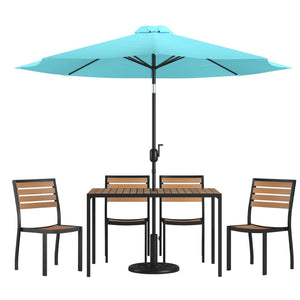 English Elm Lark 7-Piece All-Weather Patio Dining Set with Faux Teak Table, Stacking Chairs, and Umbrella Teal 30"W x 48"L XU-DG-304860364-UB19BTL-GG