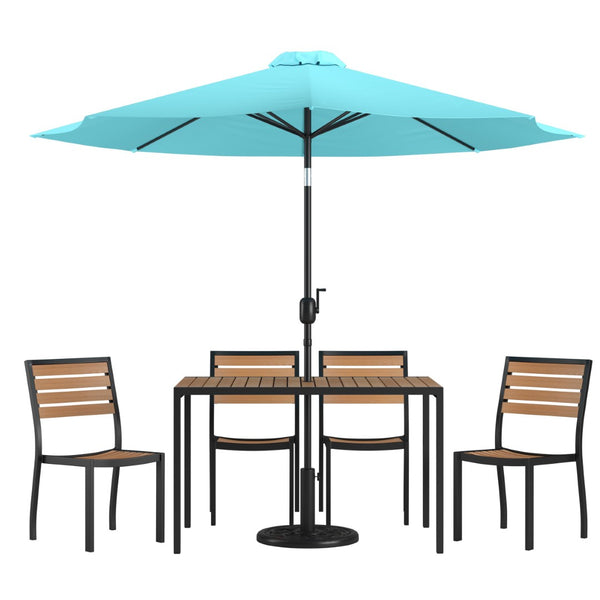 English Elm Lark 7-Piece All-Weather Patio Dining Set with Faux Teak Table, Stacking Chairs, and Umbrella Teal 30"W x 48"L XU-DG-304860364-UB19BTL-GG