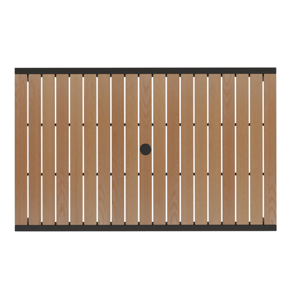 English Elm Lark 7-Piece All-Weather Patio Dining Set with Faux Teak Table, Stacking Chairs, and Umbrella Teal 30"W x 48"L XU-DG-304860364-UB19BTL-GG