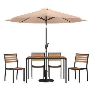 English Elm Lark 7-Piece All-Weather Patio Dining Set with Faux Teak Table, Stacking Chairs, and Umbrella Tan 30"W x 48"L XU-DG-304860364-UB19BTN-GG