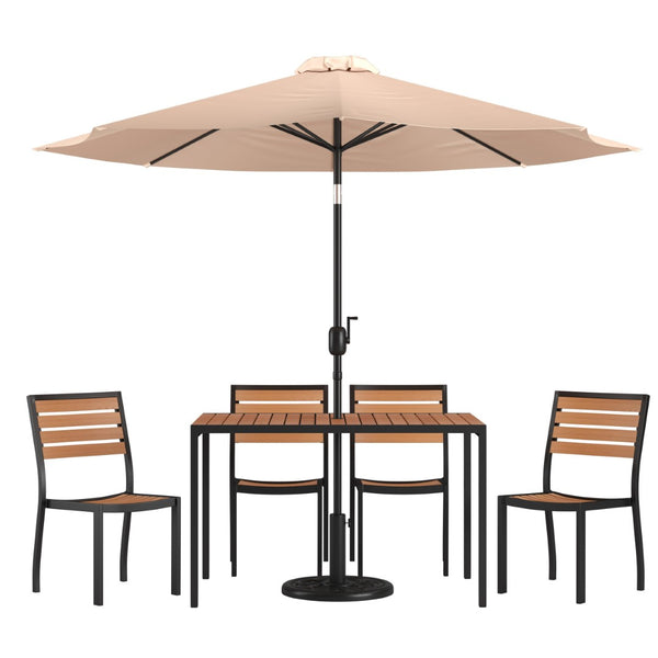 English Elm Lark 7-Piece All-Weather Patio Dining Set with Faux Teak Table, Stacking Chairs, and Umbrella Tan 30"W x 48"L XU-DG-304860364-UB19BTN-GG