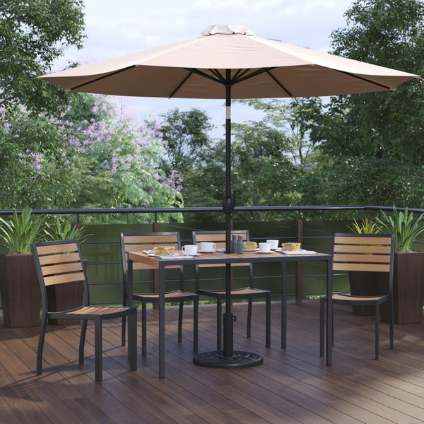 English Elm Lark 7-Piece All-Weather Patio Dining Set with Faux Teak Table, Stacking Chairs, and Umbrella Tan 30"W x 48"L XU-DG-304860364-UB19BTN-GG