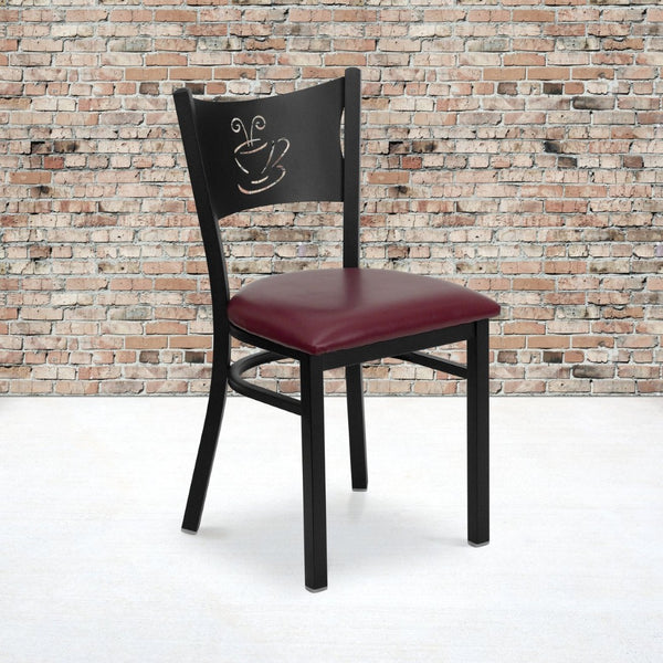 English Elm HERCULES Stylish Coffee Back Metal Restaurant Chair - Durable, Comfortable, and Perfect for Any Space Burgundy Vinyl Seat/Black Metal Frame XU-DG-60099-COF-BURV-GG