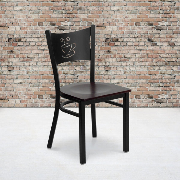 English Elm HERCULES Stylish Coffee Back Metal Restaurant Chair - Durable, Comfortable, and Perfect for Any Space Mahogany Wood Seat/Black Metal Frame XU-DG-60099-COF-MAHW-GG