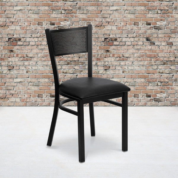 English Elm HERCULES Metal Restaurant Chair with Padded Seat and Grid Back for Comfort in High-Traffic Areas Black Vinyl Seat/Black Metal Frame XU-DG-60115-GRD-BLKV-GG