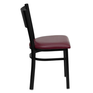 English Elm HERCULES Metal Restaurant Chair with Padded Seat and Grid Back for Comfort in High-Traffic Areas Burgundy Vinyl Seat/Black Metal Frame XU-DG-60115-GRD-BURV-GG