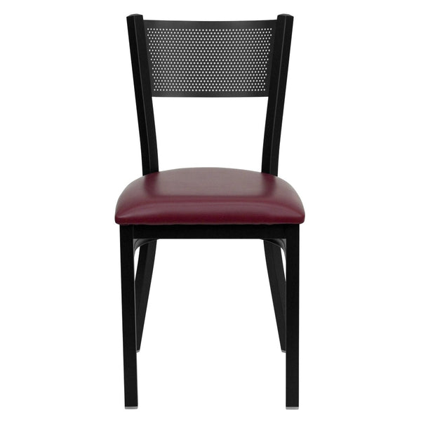 English Elm HERCULES Metal Restaurant Chair with Padded Seat and Grid Back for Comfort in High-Traffic Areas Burgundy Vinyl Seat/Black Metal Frame XU-DG-60115-GRD-BURV-GG