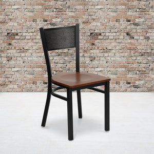 English Elm HERCULES Metal Restaurant Chair with Padded Seat and Grid Back for Comfort in High-Traffic Areas Cherry Wood Seat/Black Metal Frame XU-DG-60115-GRD-CHYW-GG