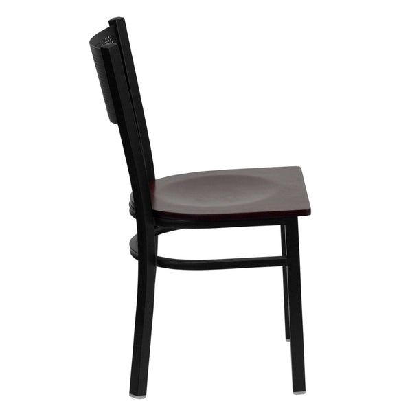 English Elm HERCULES Metal Restaurant Chair with Padded Seat and Grid Back for Comfort in High-Traffic Areas Mahogany Wood Seat/Black Metal Frame XU-DG-60115-GRD-MAHW-GG