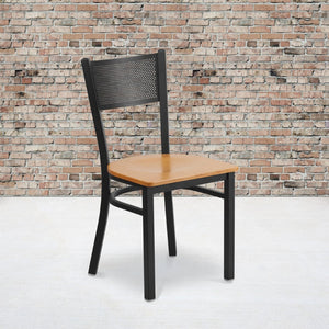 English Elm HERCULES Metal Restaurant Chair with Padded Seat and Grid Back for Comfort in High-Traffic Areas Natural Wood Seat/Black Metal Frame XU-DG-60115-GRD-NATW-GG