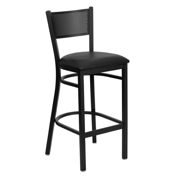 English Elm HERCULES Heavy-Duty Metal Barstool with Comfortable Padded Seat and Supportive Grid Back Design Black Vinyl Seat/Black Metal Frame XU-DG-60116-GRD-BAR-BLKV-GG