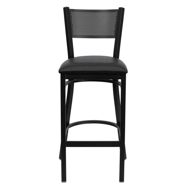 English Elm HERCULES Heavy-Duty Metal Barstool with Comfortable Padded Seat and Supportive Grid Back Design Black Vinyl Seat/Black Metal Frame XU-DG-60116-GRD-BAR-BLKV-GG
