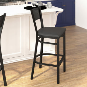 English Elm HERCULES Heavy-Duty Metal Barstool with Comfortable Padded Seat and Supportive Grid Back Design Black Vinyl Seat/Black Metal Frame XU-DG-60116-GRD-BAR-BLKV-GG