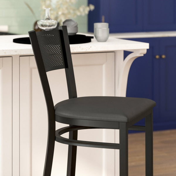 English Elm HERCULES Heavy-Duty Metal Barstool with Comfortable Padded Seat and Supportive Grid Back Design Black Vinyl Seat/Black Metal Frame XU-DG-60116-GRD-BAR-BLKV-GG