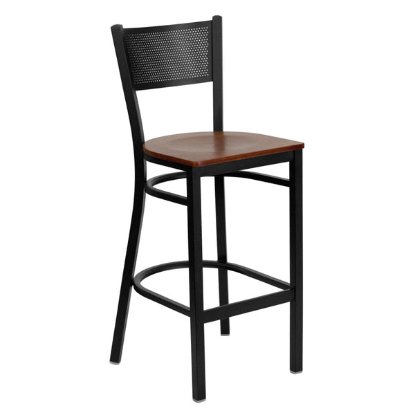 English Elm HERCULES Heavy-Duty Metal Barstool with Comfortable Padded Seat and Supportive Grid Back Design Cherry Wood Seat/Black Metal Frame XU-DG-60116-GRD-BAR-CHYW-GG
