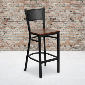English Elm HERCULES Heavy-Duty Metal Barstool with Comfortable Padded Seat and Supportive Grid Back Design Cherry Wood Seat/Black Metal Frame XU-DG-60116-GRD-BAR-CHYW-GG