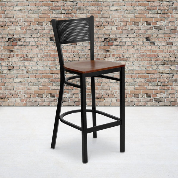 English Elm HERCULES Heavy-Duty Metal Barstool with Comfortable Padded Seat and Supportive Grid Back Design Cherry Wood Seat/Black Metal Frame XU-DG-60116-GRD-BAR-CHYW-GG