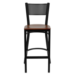English Elm HERCULES Heavy-Duty Metal Barstool with Comfortable Padded Seat and Supportive Grid Back Design Cherry Wood Seat/Black Metal Frame XU-DG-60116-GRD-BAR-CHYW-GG