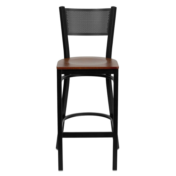 English Elm HERCULES Heavy-Duty Metal Barstool with Comfortable Padded Seat and Supportive Grid Back Design Cherry Wood Seat/Black Metal Frame XU-DG-60116-GRD-BAR-CHYW-GG