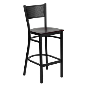 English Elm HERCULES Heavy-Duty Metal Barstool with Comfortable Padded Seat and Supportive Grid Back Design Mahogany Wood Seat/Black Metal Frame XU-DG-60116-GRD-BAR-MAHW-GG