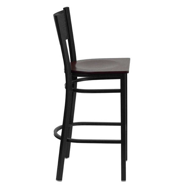 English Elm HERCULES Heavy-Duty Metal Barstool with Comfortable Padded Seat and Supportive Grid Back Design Mahogany Wood Seat/Black Metal Frame XU-DG-60116-GRD-BAR-MAHW-GG