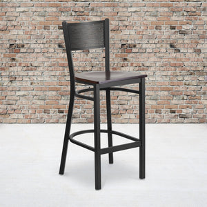 English Elm HERCULES Heavy-Duty Metal Barstool with Comfortable Padded Seat and Supportive Grid Back Design Walnut Wood Seat/Black Metal Frame XU-DG-60116-GRD-BAR-WALW-GG