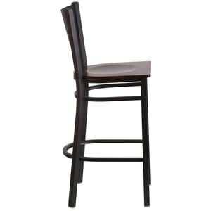 English Elm HERCULES Heavy-Duty Metal Barstool with Comfortable Padded Seat and Supportive Grid Back Design Walnut Wood Seat/Black Metal Frame XU-DG-60116-GRD-BAR-WALW-GG