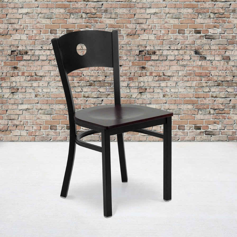 English Elm HERCULES Series Durable Circle Back Metal Dining Chair - Modern Design for Restaurants & Homes Mahogany Wood Seat/Black Metal Frame XU-DG-60119-CIR-MAHW-GG