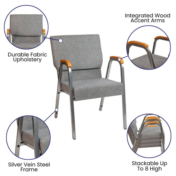English Elm HERCULES 21"W Stacking Armchair for Churches & Events - Durable, Comfortable, and Space-Saving Design Gray Fabric/Silver Vein Frame XU-DG-60156-GY-GG