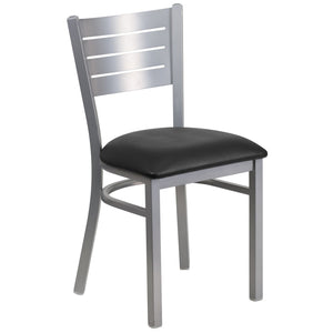 English Elm HERCULES Series Durable Metal Restaurant Chair with Slat Back Design for Modern Dining Spaces Black Vinyl Seat/Silver Frame XU-DG-60401-BLKV-GG