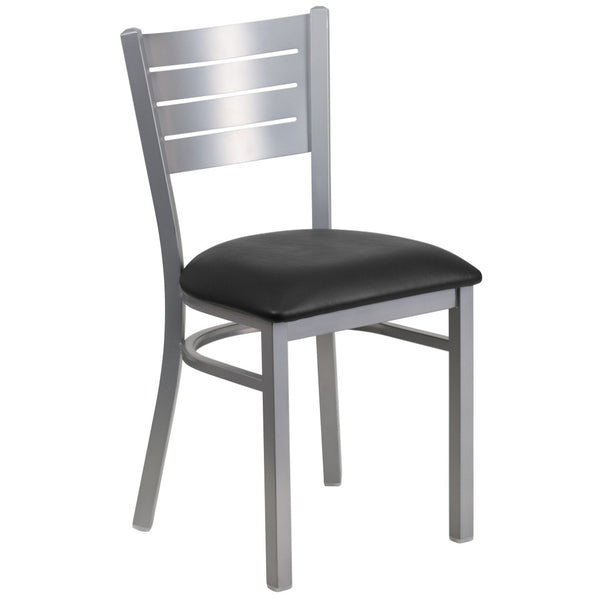 English Elm HERCULES Series Durable Metal Restaurant Chair with Slat Back Design for Modern Dining Spaces Black Vinyl Seat/Silver Frame XU-DG-60401-BLKV-GG