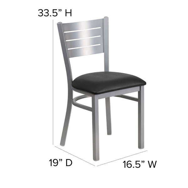 English Elm HERCULES Series Durable Metal Restaurant Chair with Slat Back Design for Modern Dining Spaces Black Vinyl Seat/Silver Frame XU-DG-60401-BLKV-GG