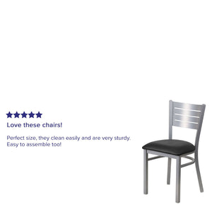 English Elm HERCULES Series Durable Metal Restaurant Chair with Slat Back Design for Modern Dining Spaces Black Vinyl Seat/Silver Frame XU-DG-60401-BLKV-GG