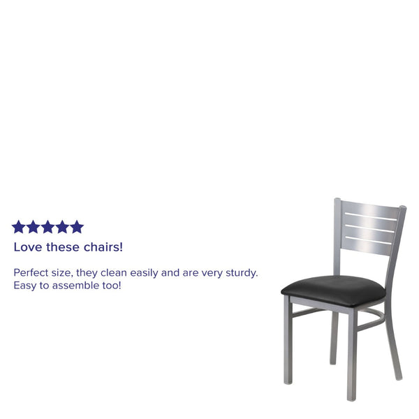 English Elm HERCULES Series Durable Metal Restaurant Chair with Slat Back Design for Modern Dining Spaces Black Vinyl Seat/Silver Frame XU-DG-60401-BLKV-GG