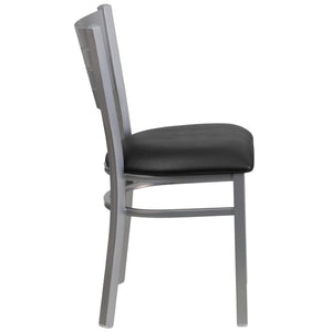 English Elm HERCULES Series Durable Metal Restaurant Chair with Slat Back Design for Modern Dining Spaces Black Vinyl Seat/Silver Frame XU-DG-60401-BLKV-GG