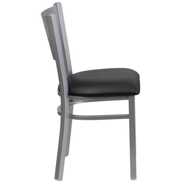 English Elm HERCULES Series Durable Metal Restaurant Chair with Slat Back Design for Modern Dining Spaces Black Vinyl Seat/Silver Frame XU-DG-60401-BLKV-GG