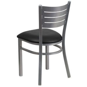 English Elm HERCULES Series Durable Metal Restaurant Chair with Slat Back Design for Modern Dining Spaces Black Vinyl Seat/Silver Frame XU-DG-60401-BLKV-GG