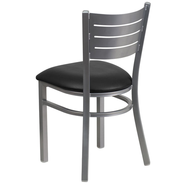 English Elm HERCULES Series Durable Metal Restaurant Chair with Slat Back Design for Modern Dining Spaces Black Vinyl Seat/Silver Frame XU-DG-60401-BLKV-GG