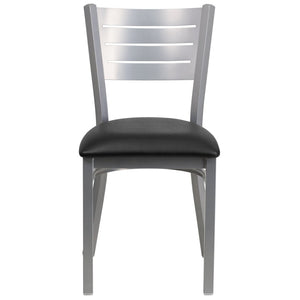 English Elm HERCULES Series Durable Metal Restaurant Chair with Slat Back Design for Modern Dining Spaces Black Vinyl Seat/Silver Frame XU-DG-60401-BLKV-GG